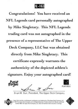 1997 Upper Deck Legends - Autographs #AL-163 Mike Singletary Back