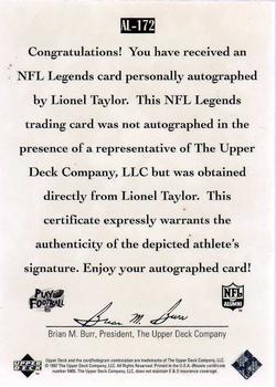 1997 Upper Deck Legends - Autographs #AL--172 Lionel Taylor Back