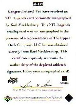 1997 Upper Deck Legends - Autographs #AL-139 Karl Mecklenburg Back