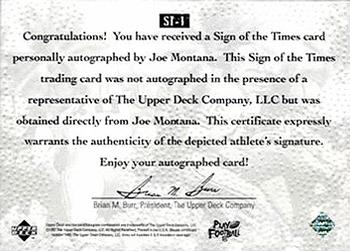 1997 Upper Deck Legends - Sign of the Times #ST-1 Joe Montana Back