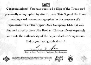 1997 Upper Deck Legends - Sign of the Times #ST-6 Jim Brown Back