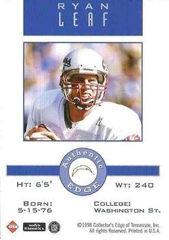 1998 Collector's Edge First Place - Game Gear #NNO Ryan Leaf Back