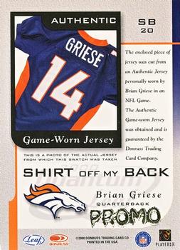 2000 Quantum Leaf - Shirt Off My Back Promos #SB20 Brian Griese Back
