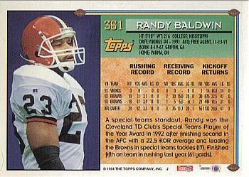 1994 Topps #361 Randy Baldwin Back