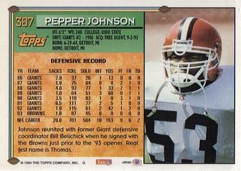 1994 Topps #387 Pepper Johnson Back