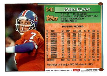 1994 Topps #540 John Elway Back