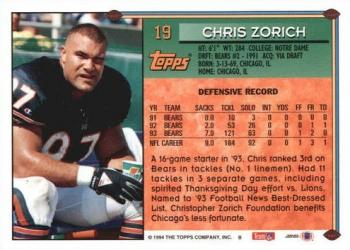 1994 Topps #19 Chris Zorich Back