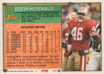 1994 Topps #179 Tim McDonald Back