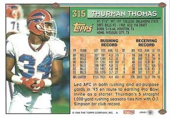 1994 Topps #315 Thurman Thomas Back