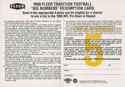 1998 Fleer Tradition - Big Numbers Redemption #5 Terrell Davis Back