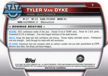 2022 Bowman University Chrome #7 Tyler Van Dyke Back
