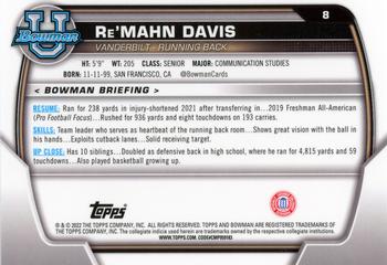 2022 Bowman University Chrome #8 Re'Mahn Davis Back