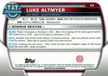 2022 Bowman University Chrome #43 Luke Altmyer Back