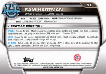 2022 Bowman University Chrome #51 Sam Hartman Back