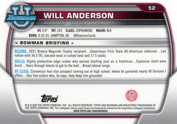 2022 Bowman University Chrome #52 Will Anderson Back