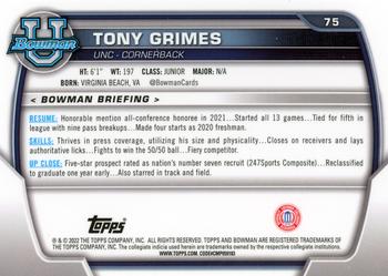 2022 Bowman University Chrome #75 Tony Grimes Back