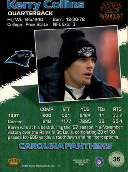 1998 Pacific Paramount - Copper #36 Kerry Collins Back