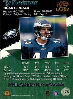 1998 Pacific Paramount - Copper #175 Ty Detmer Back
