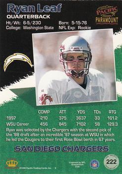 1998 Pacific Paramount - Copper #222 Ryan Leaf Back