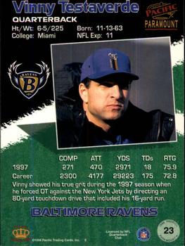1998 Pacific Paramount - Red #23 Vinny Testaverde Back