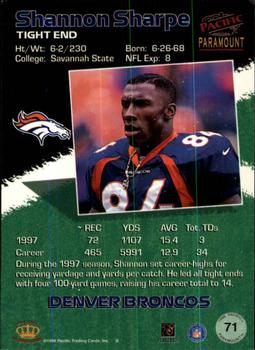 1998 Pacific Paramount - Red #71 Shannon Sharpe Back