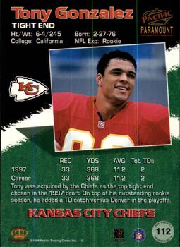 1998 Pacific Paramount - Red #112 Tony Gonzalez Back