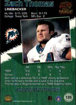 1998 Pacific Paramount - Red #125 Zach Thomas Back