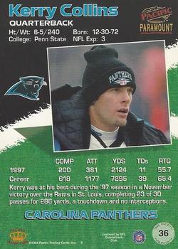 1998 Pacific Paramount - Silver #36 Kerry Collins Back
