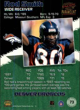 1998 Pacific Paramount - Silver #73 Rod Smith WR Back