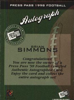 1998 Press Pass - Autographs #NNO Brian Simmons Back