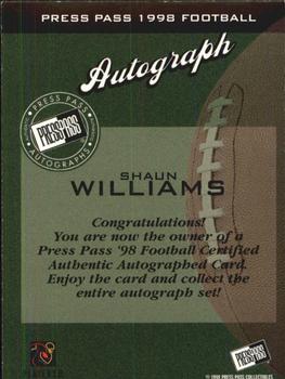1998 Press Pass - Autographs #NNO Shaun Williams Back