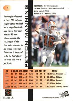 1998 Press Pass - Pick Offs Blue #1 Peyton Manning Back