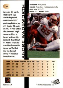 1998 Press Pass - Pick Offs Blue #4 Andre Wadsworth Back