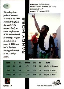 1998 Press Pass - Pick Offs Blue #5 Randy Moss Back