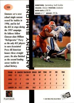 1998 Press Pass - Pick Offs Blue #18 Anthony Simmons Back
