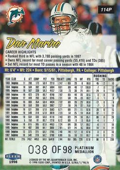 1998 Ultra - Platinum Medallion #114P Dan Marino Back