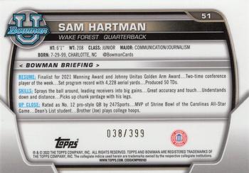 2022 Bowman University Chrome - Purple Mini-Diamond Refractor #51 Sam Hartman Back