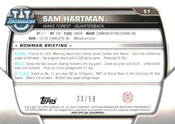 2022 Bowman University Chrome - Gold Shimmer Refractor #51 Sam Hartman Back