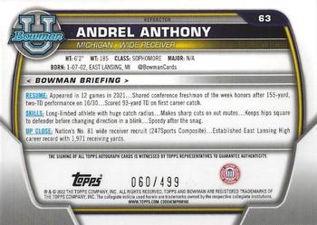 2022 Bowman University Chrome - Prospect Autographs Refractor #63 Andrel Anthony Back