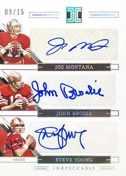 2022 Panini Impeccable - Inkpeccable Trios #INT-SF9 Joe Montana / John Brodie / Steve Young Front