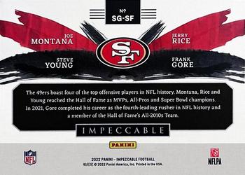 2022 Panini Impeccable - Silver Generations #SG-SF Jerry Rice / Joe Montana / Steve Young / Frank Gore Back