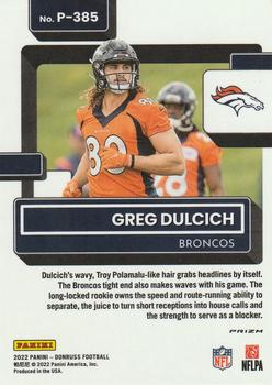 2022 Donruss - Optic Rated Rookies Preview Red and Green #P-385 Greg Dulcich Back