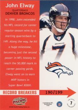 1999 Pacific - Record Breakers #7 John Elway Back