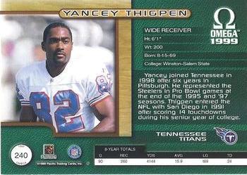 1999 Pacific Omega - Premiere Date #240 Yancey Thigpen Back