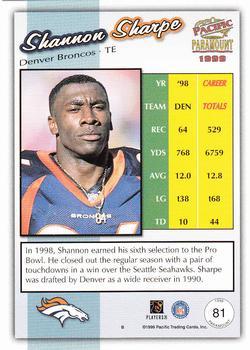 1999 Pacific Paramount - Gold #81 Shannon Sharpe Back