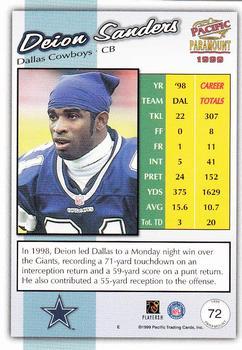 1999 Pacific Paramount - HoloGold #72 Deion Sanders Back
