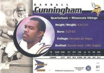 1999 Pacific Prism - Premiere Date #81 Randall Cunningham Back