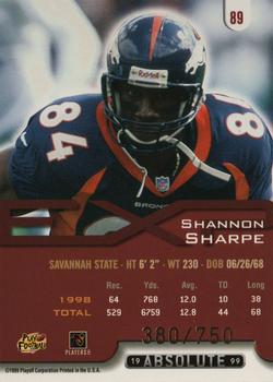 1999 Playoff Absolute EXP - Tools of the Trade #89 Shannon Sharpe Back