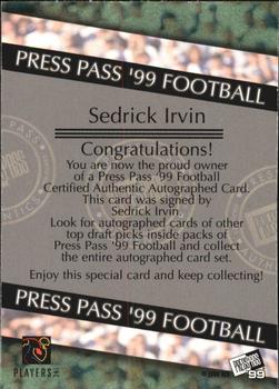 1999 Press Pass - Autographs #NNO Sedrick Irvin Back