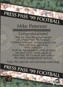 1999 Press Pass - Autographs #NNO Mike Peterson Back